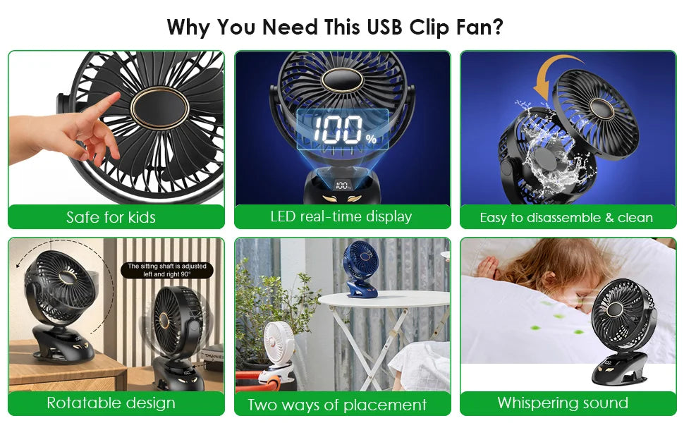 Ventilador con Clip Portátil para Escritorio y Cama
