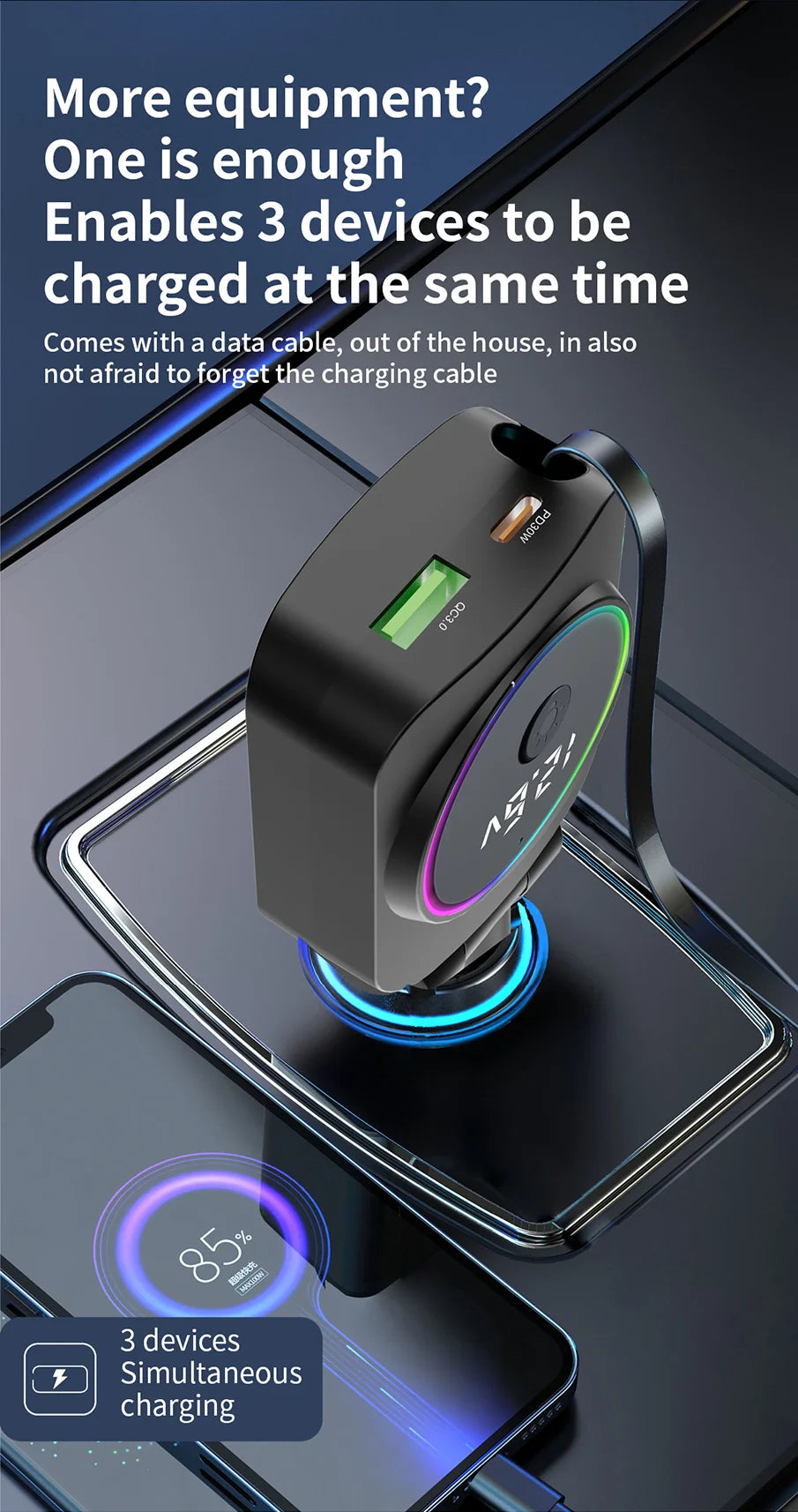 Cargador de Auto Retráctil 60W con Cable Tipo C PD30W y QC3.0 USB