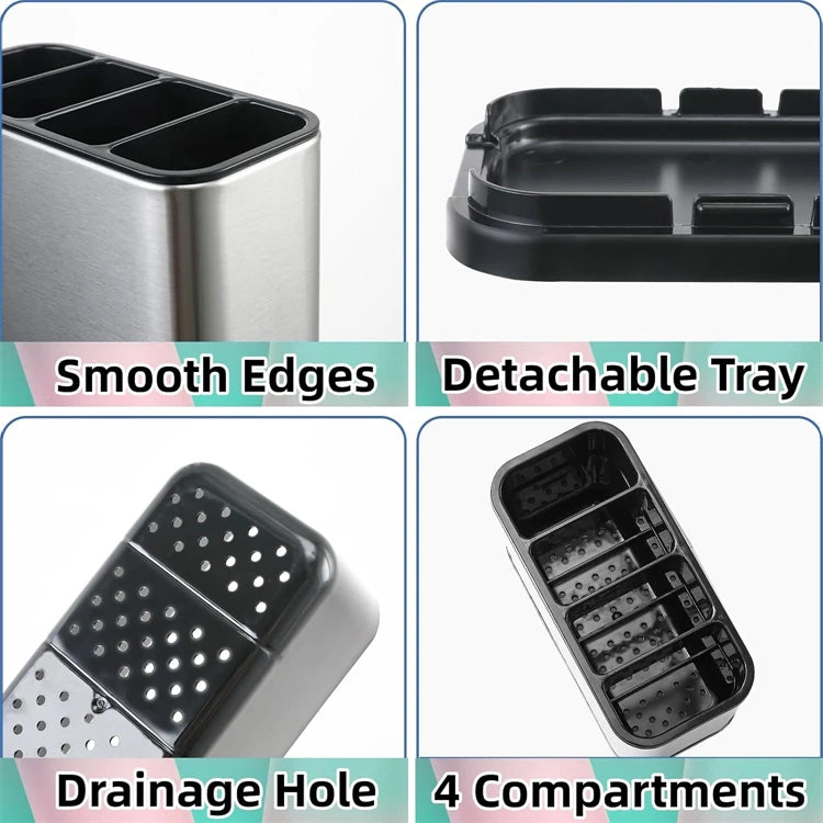 LMETJMA Organizador de cubiertos Caddy para cubiertos, estante de secado de utensilios de acero inoxidable, soporte para cubiertos con 4 compartimentos divididos