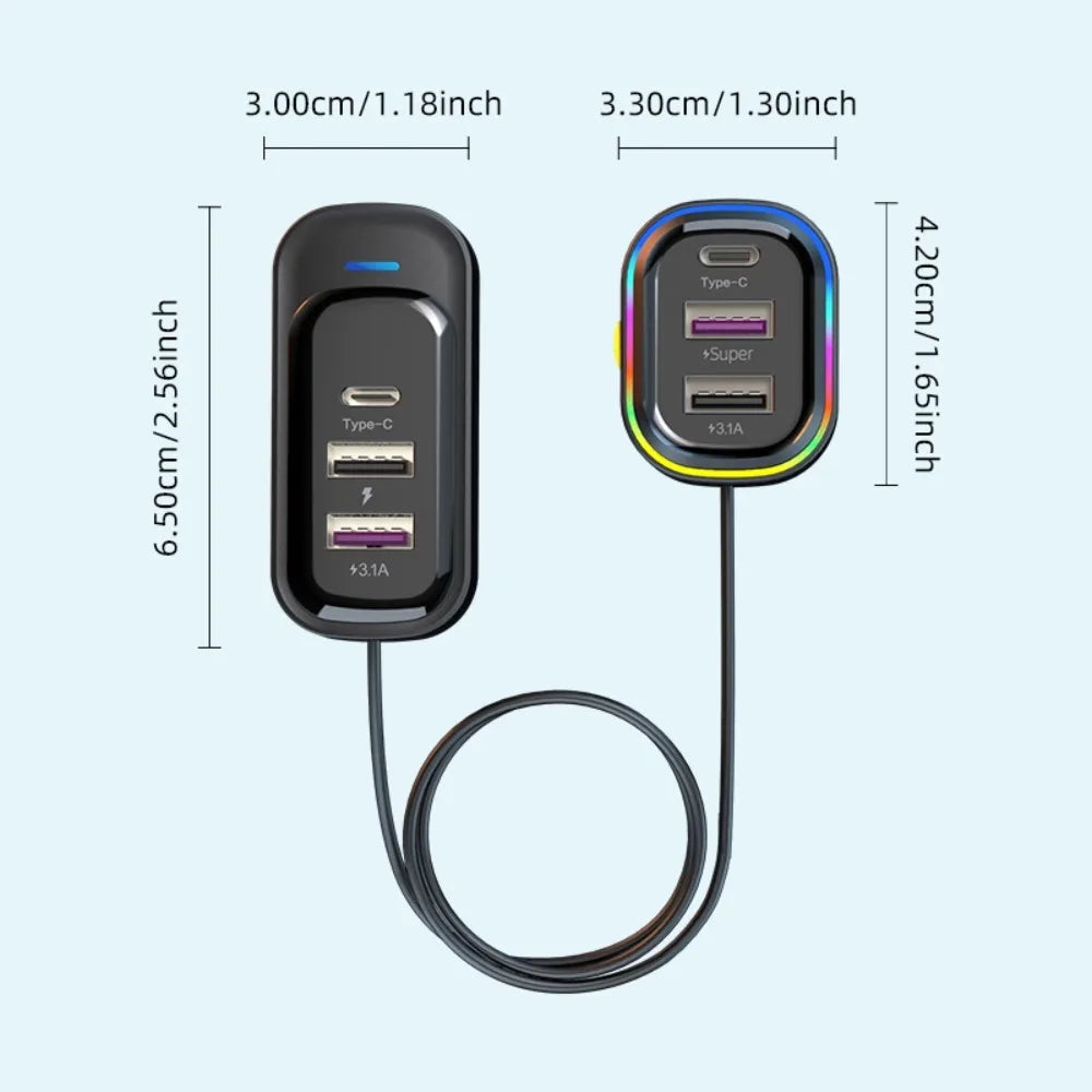 Cargador USB de 6 Puertos para Auto con Extensión para Asientos Traseros