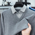 Suéter de punto con cuello de camisa para hombre, azul claro (6 colores), diseño falso de dos capas, estilo informal de negocios    Ajuste elástico y cómodo