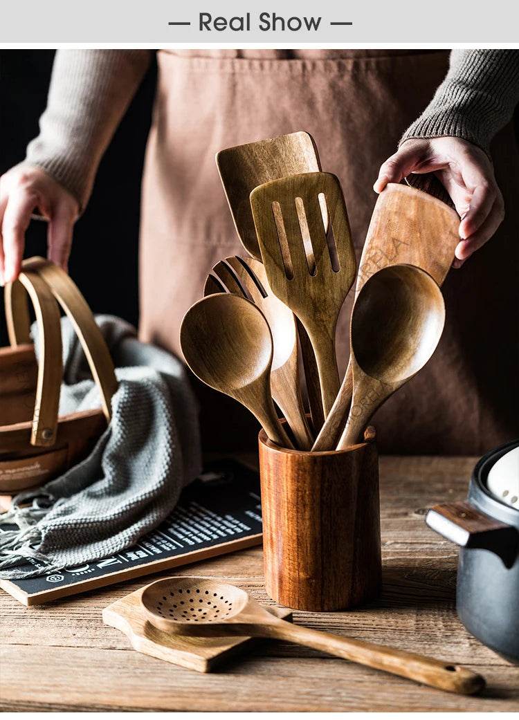 9 cucharas de madera para cocinar, utensilios de madera para cocinar con soporte para utensilios, juego de utensilios de cocina de madera de teca