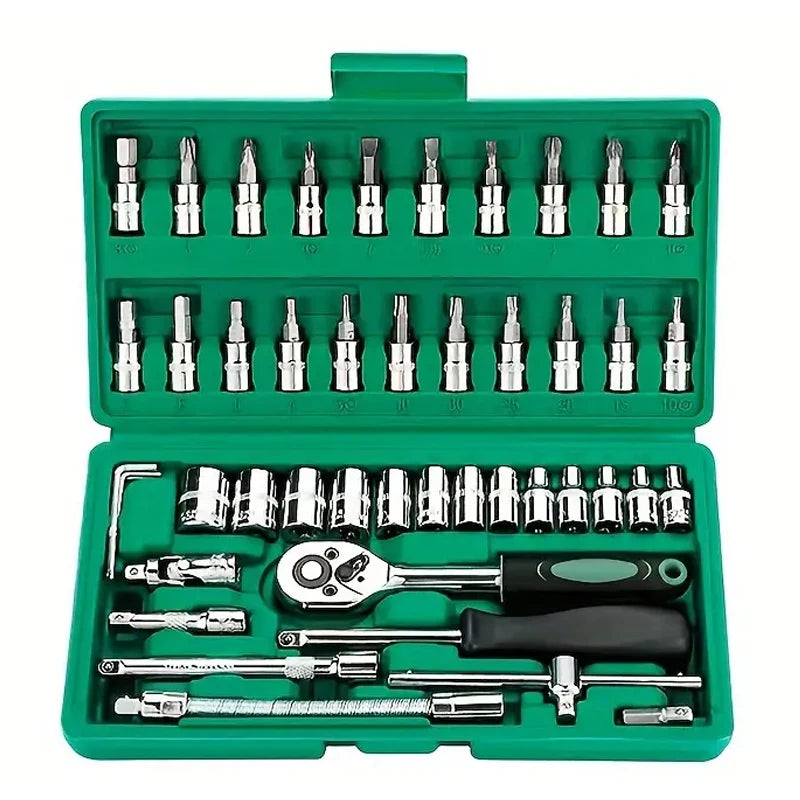 FOCSE Juego de llaves de trinquete con casquillo de accionamiento de 46 piezas de 1/4 pulgadas, con juego de casquillos, barra métrica y de extensión para reparación de automóviles