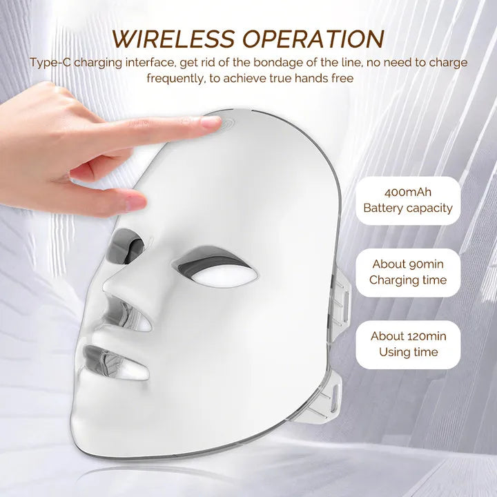 Máscara LED inalámbrica, máscara facial LED de 7 colores, máquina de máscara de belleza para rejuvenecimiento antienvejecimiento reafirmante de la piel con fotones