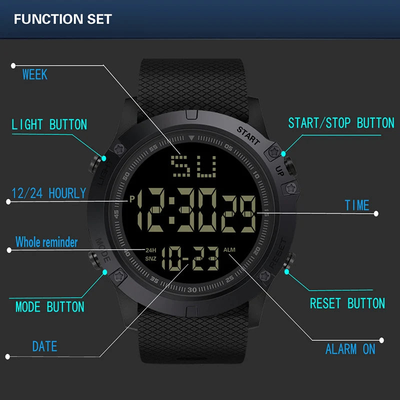 Relojes deportivos para hombre, esfera negra, reloj deportivo militar multifunción, reloj electrónico Digital LED resistente al agua para hombre y niño