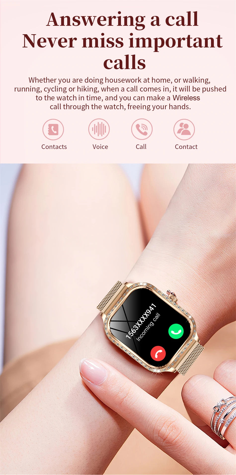 Smartwatch para mujer con pantalla HD 1.75'', llamadas Bluetooth y monitor de salud IP68