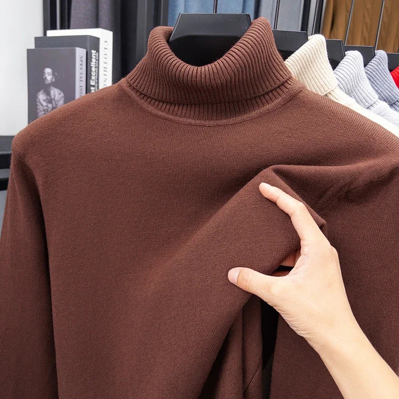 Otoño para hombre de alta calidad de punto suéter de cuello alto ajustado de manga larga anti-pilling jersey Color sólido tendencia hombres Streetwea