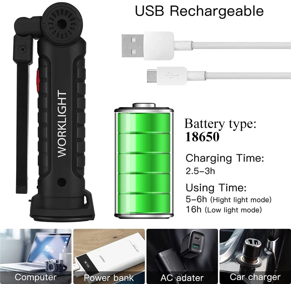 Linterna LED recargable para acampar, luz de trabajo con imán y gancho IP64, resistente al agua, 5 modos de iluminación, adecuada para trabajo nocturno