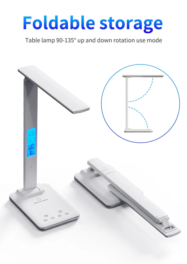 Lámpara de escritorio de lectura plegable, luz de escritorio enchufable USB, 15W, carga inalámbrica para teléfono móvil con tiempo, dormitorio, oficina, protección ocular