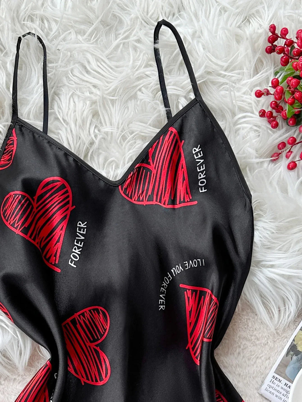 Camisón de Satén con Estampado de Labios | Mini Vestido de Dormir