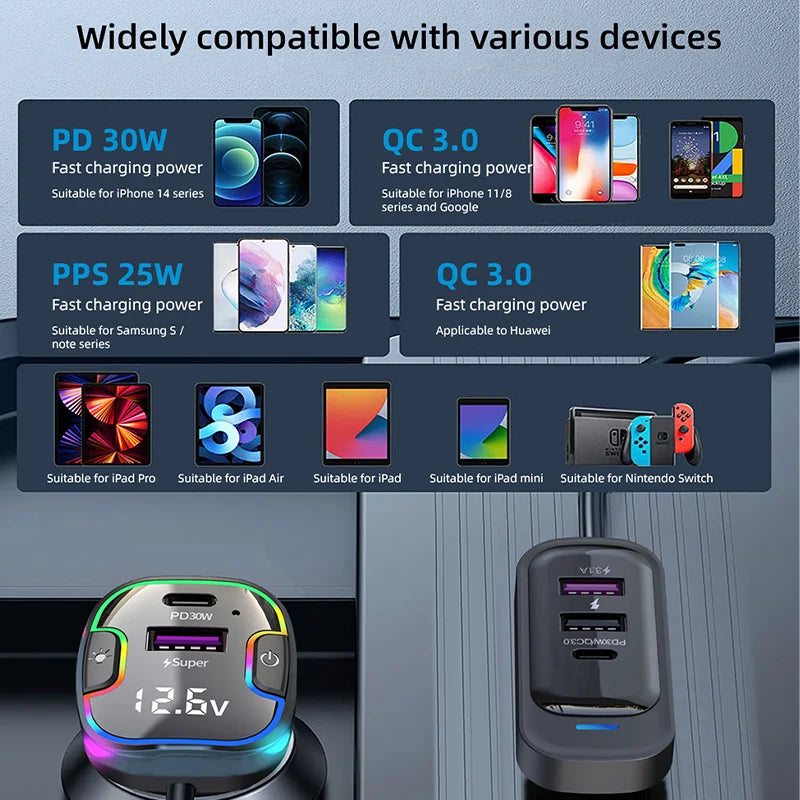 Cargador de Auto PD30W 5 Puertos con USB-C y Extensión para Asientos Traseros