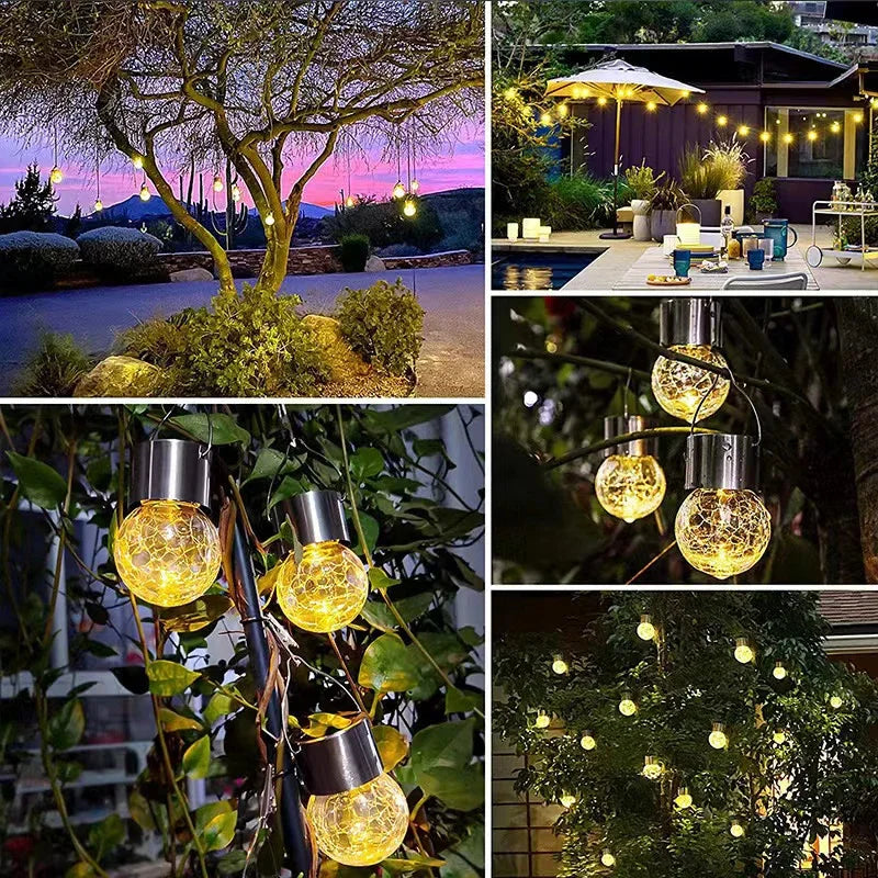 Lámpara LED Solar Colgante para Decoración de Jardín, Vidrio Agrietado, Impermeable para Exteriores