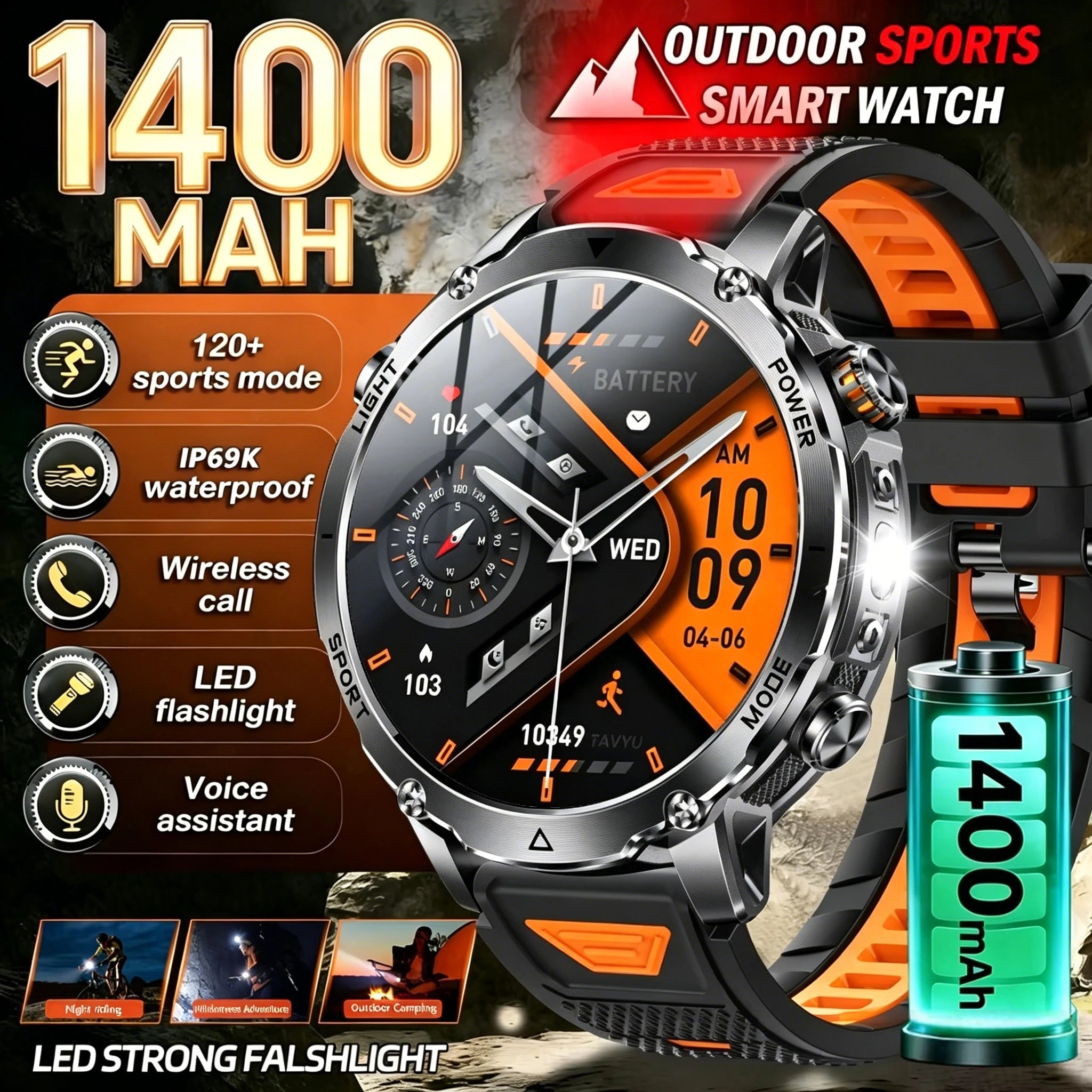 AK106 Reloj Inteligente Militar 1400mAh 10ATM