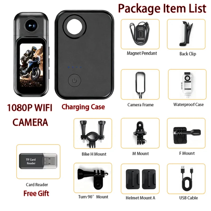 Mini cámara corporal WiFi 1080P con pantalla táctil IPS y montaje magnético