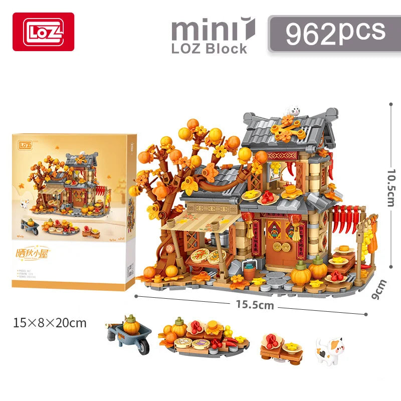 LOZ-1379 Bloques de construcción de casa de sol y otoño, conjunto de modelo educativo de casa de madera, juguetes de bloques de construcción para niños, regalos de cumpleaños
