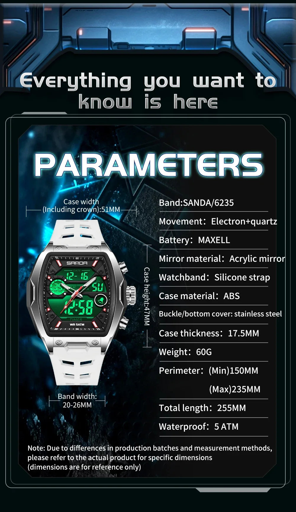 Reloj Deportivo Digital SANDA 6235 para Hombre con LED y Pantalla Dual