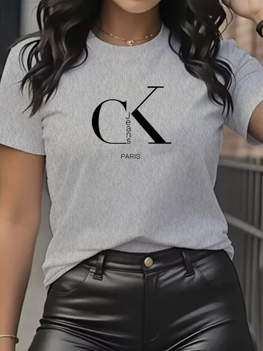 Camiseta con Estampado de Dibujos Animados y Letras Cuello Redondo