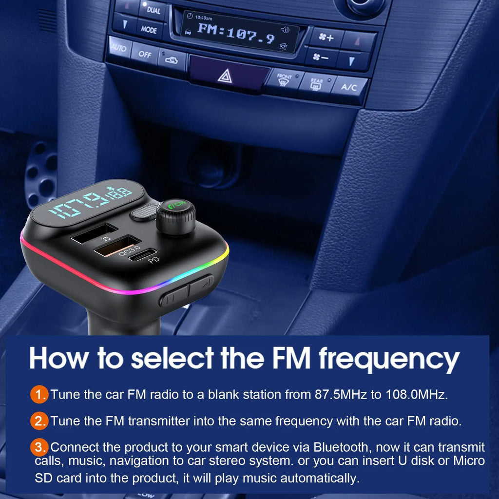 Transmisor FM Bluetooth para coche, transmisor FM Bluetooth 5,0, USB PD, cargador rápido para coche, accesorios electrónicos