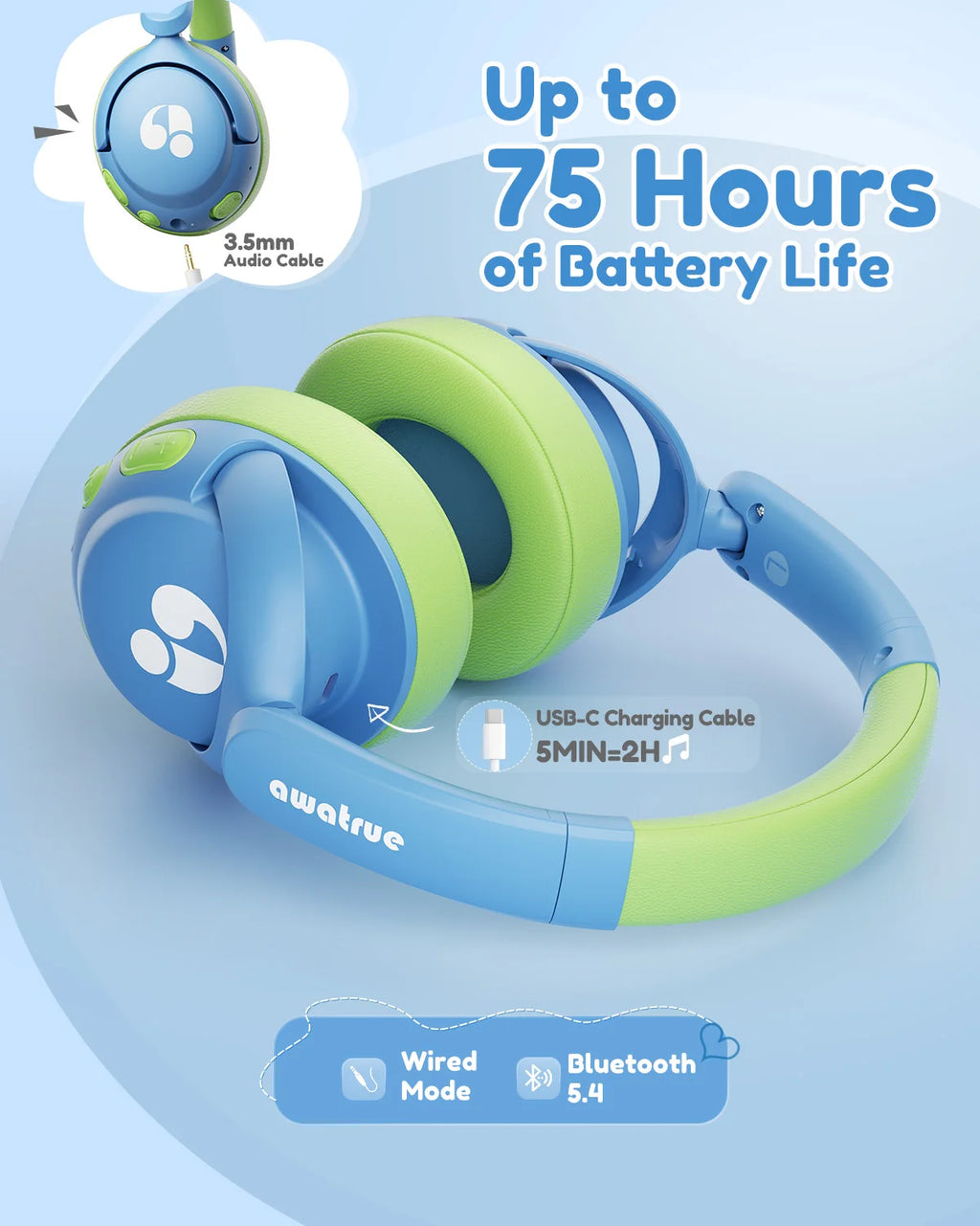 Awatrue-auriculares Bluetooth 5,4 para niños, cascos supraaurales inalámbricos ligeros con volumen seguro de 85dBA para IPad/reproductor YOTO/tableta/escuela