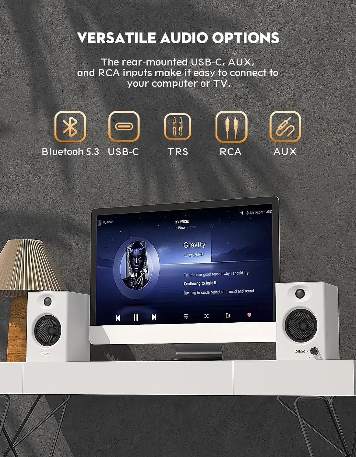 OHAYO Altavoces de Estantería Activos de 60W con Unidad de Fibra de Vidrio, Bluetooth 5.3 y Múltiples Entradas (USB/RCA/AUX) - para Juegos de PC Inmersivos