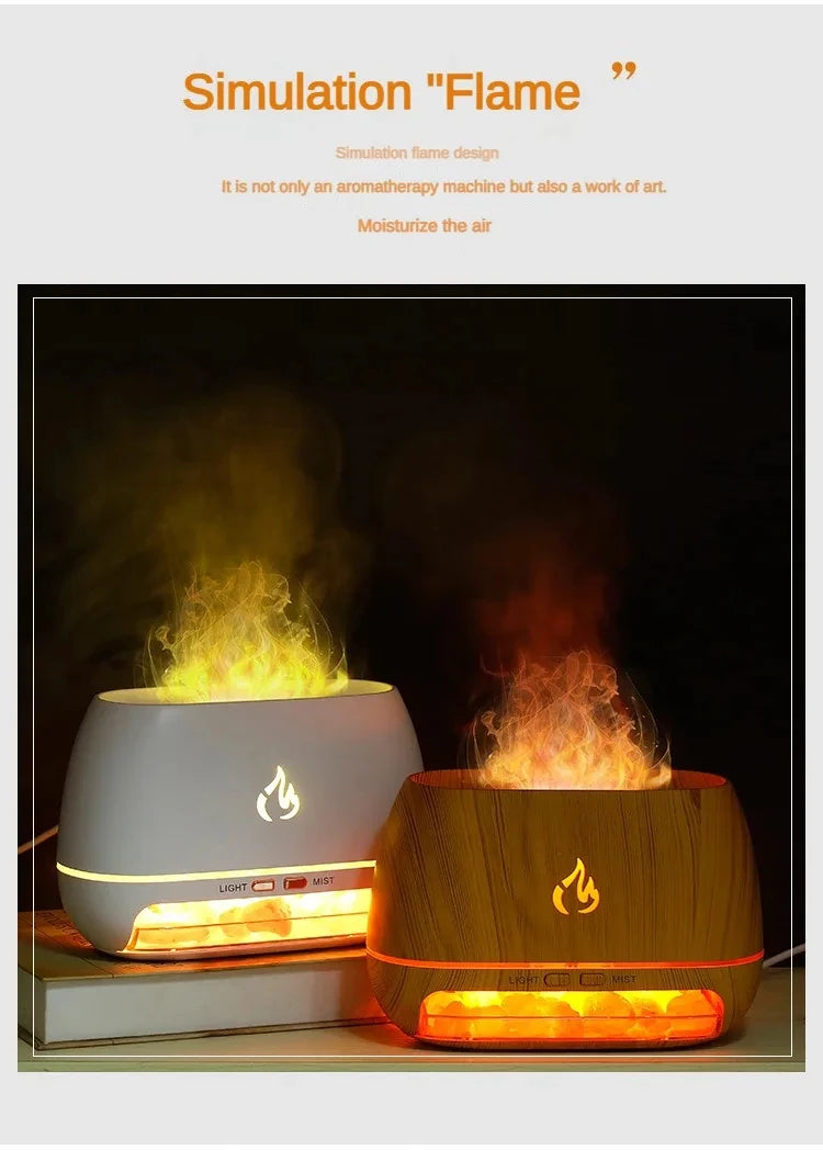 Nuevo Humidificador de aire con Aroma de fuego y llama 3D, piedra de sal de cristal del Himalaya, luz nocturna colorida, difusor de aceite esencial de aromaterapia