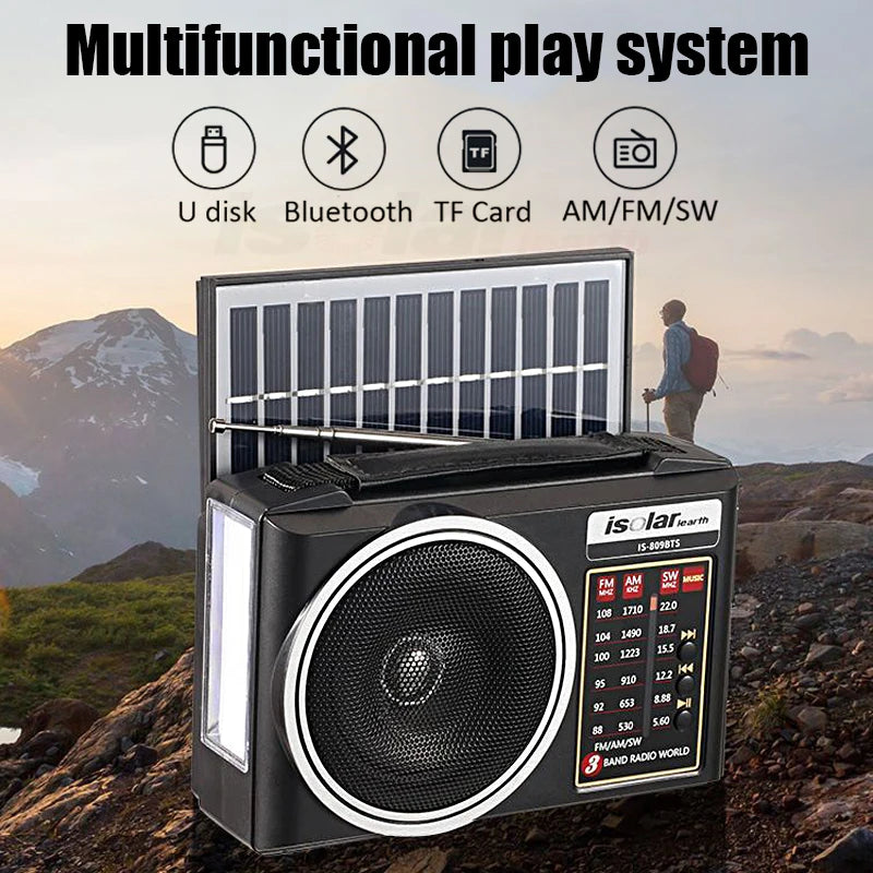Radio portátil FM/AM/SW solar de emergencia con altavoz Bluetooth