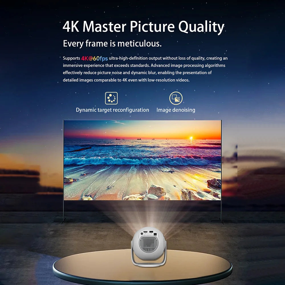 Proyector Inteligente Velec TP360 Android 14, 450 ANSI, 720P, Decodificación de Video 8K, Enfoque Automático, Proyector Portátil para Cine en Casa y Exteriores