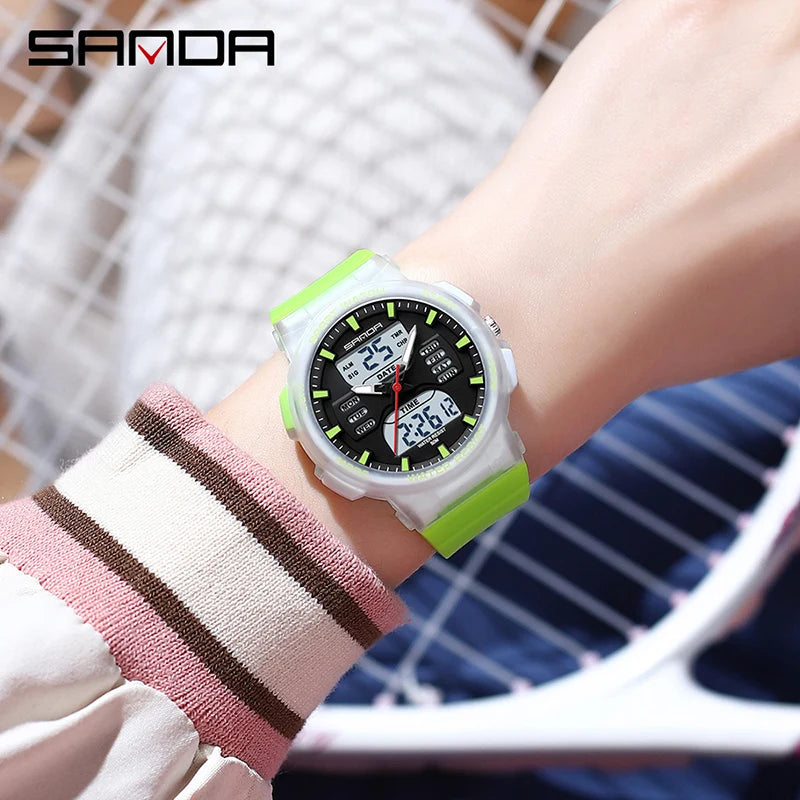 Reloj Digital LED SANDA 6185 para Mujer Pantalla Dual Resistente al Agua