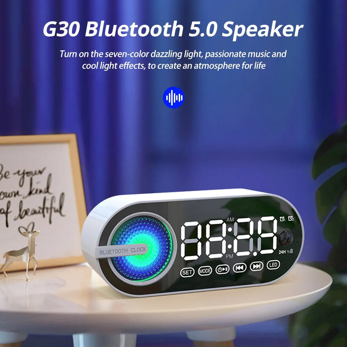 Radio Reloj Despertador Recargable USB, Altavoz Bluetooth Portátil RGB, FM, Pantalla Grande, Silencioso, Espejo Digital, para Dormitorio, Oficina, Escritorio