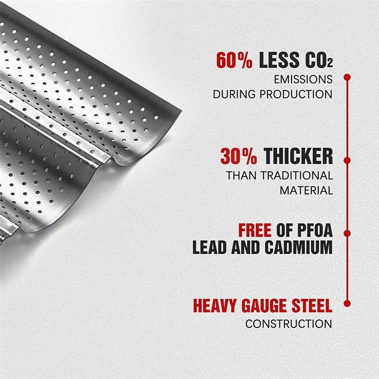 LMETJMA Pan para hornear pan francés perforado antiadherente, sartén Baguette de acero al carbono, pan francés, 4 pan ondulados, molde para hornear pan JT158