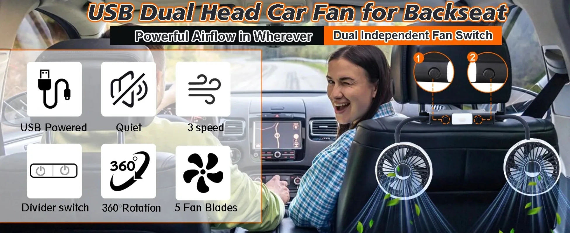 Ventilador Doble para Auto CheShan F310 con Luz LED, Manguera Flexible, 360° °   Accesorio de Refrigeración para Asientos de Auto, Multiángulo