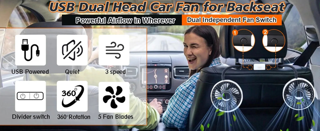 Ventilador Doble para Auto CheShan F310 con Luz LED, Manguera Flexible, 360° °   Accesorio de Refrigeración para Asientos de Auto, Multiángulo