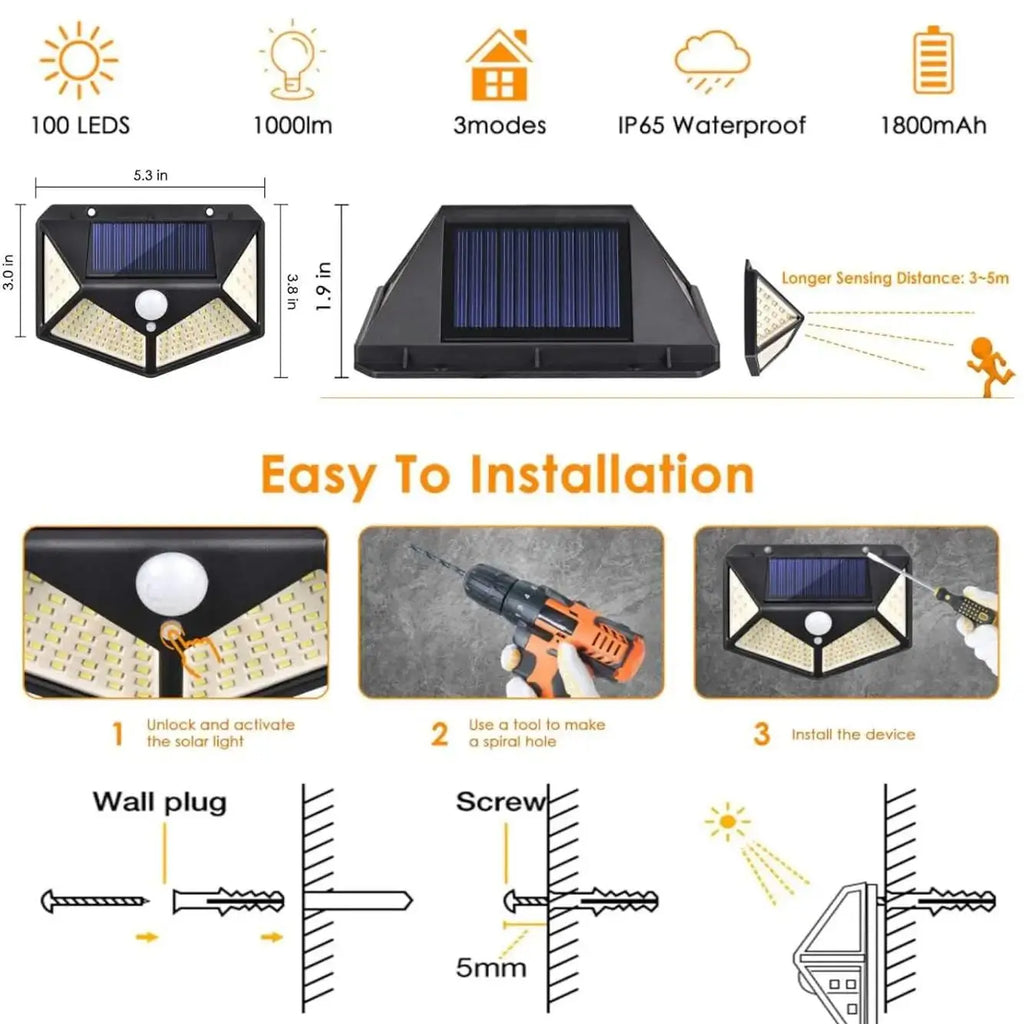 Lámpara Solar LED 100 Luces de Pared con Sensor de Movimiento