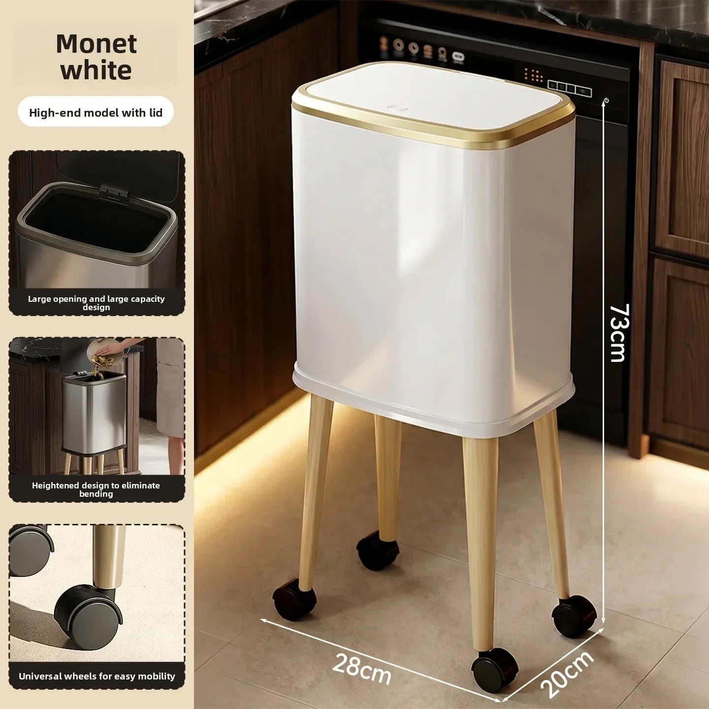 Cubo de basura rodante de acero inoxidable con tapa, 15 litros