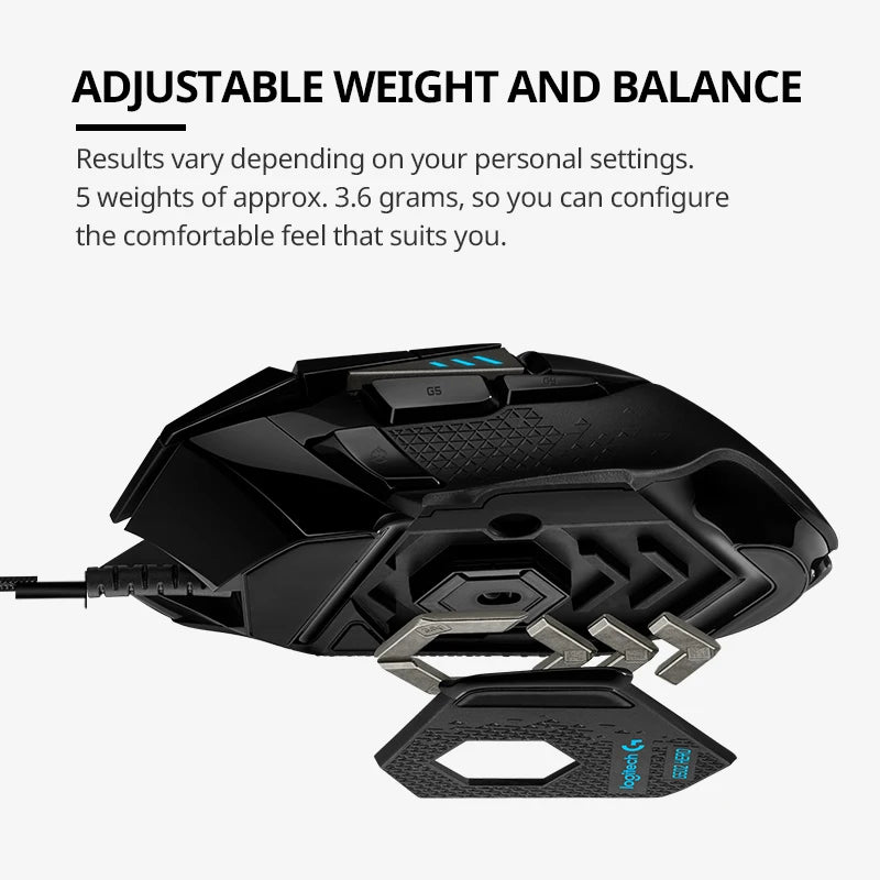 Logitech G502 HERO Ratón para juegos con cable de alto rendimiento, sensor HERO 25K, 25,600 DPI, RGB, pesas ajustables, 11 programables