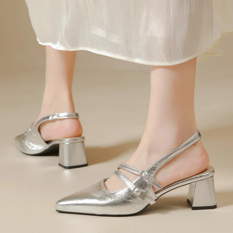 Zapatos de Tacón Ancho con Punta en Pico y Tira Trasera para Mujer, Estilo Francés Chic, Minimalistas, para Oficina, Vestir, Sandalias Casuales con Hebilla para Fiesta