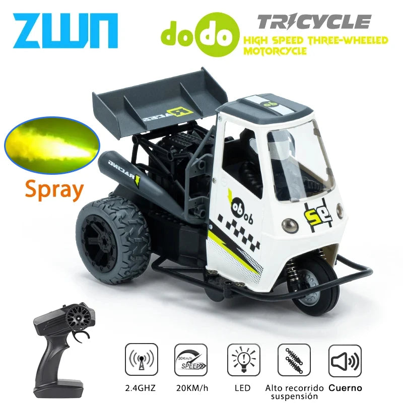 Moto RC de Tres Ruedas con Luces y Spray, Control 2.4G para Niños