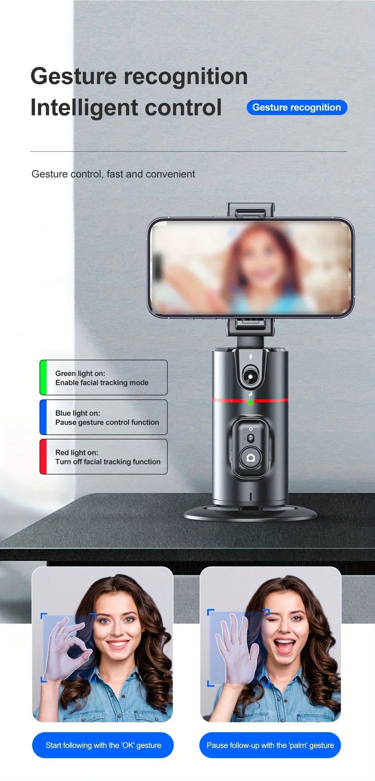 Soporte para Teléfono de Escritorio P02 con Seguimiento Facial 360 °   Gimbal Giratorio Automático para iPhone 16 15 Samsung S23 Xiaomi, Palo Selfie de Mano