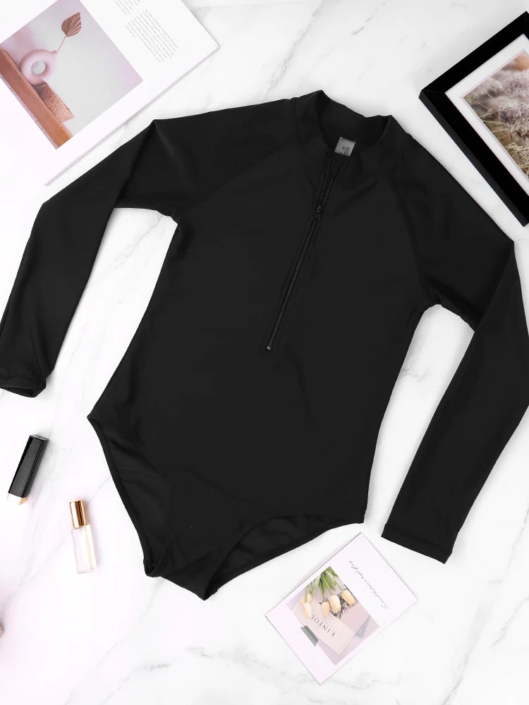 Traje de baño de una pieza con cremallera para mujer, estilo deportivo de playa de verano, nuevo traje de surf de manga larga con cremallera, traje de baño de una pieza para mujer