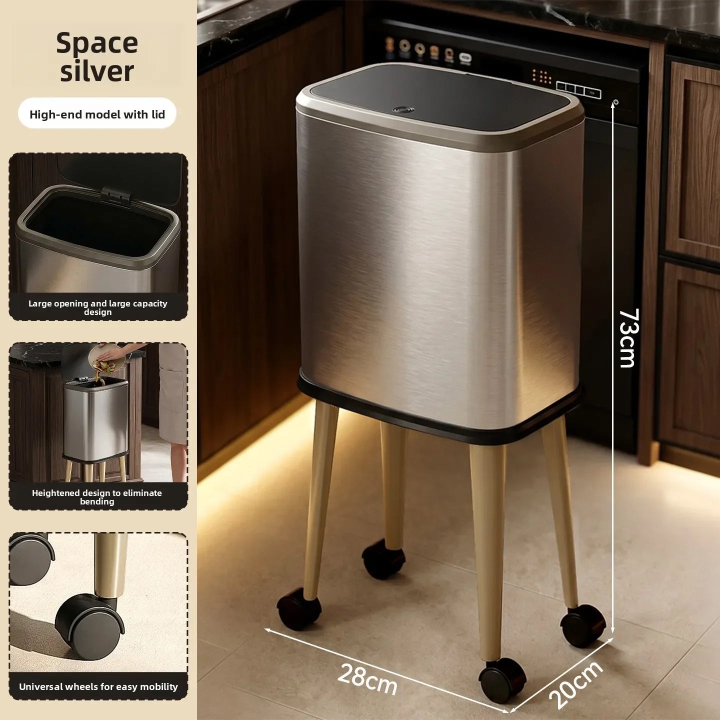 Cubo de basura rodante de acero inoxidable con tapa, 15 litros