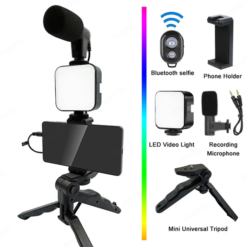 Soporte para teléfono móvil, iluminación de fotografía, Kit de vídeo para Smartphone, micrófono LED, trípode para Selfie, mango de grabación, soporte estabilizador portátil