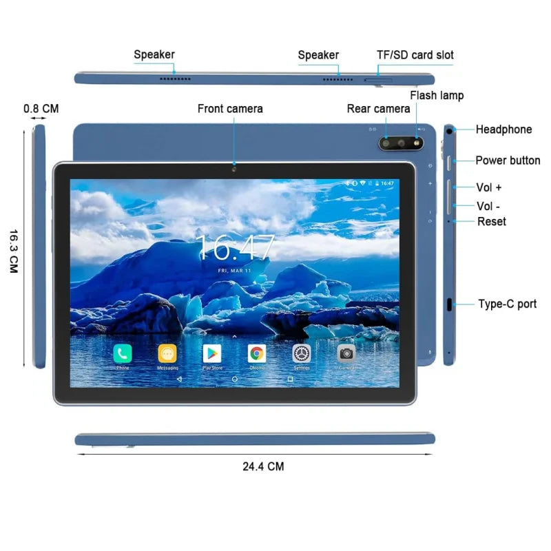 Tablet MX2 de 10.1 Pulgadas con Android 11, Procesador Allwinner A133 de 64 bits y Cuatro Núcleos a 1.6GHz, 4GB de RAM, 64GB de ROM, Cámara de 5MP+8MP, Batería de 5000mAh y Tipo-C