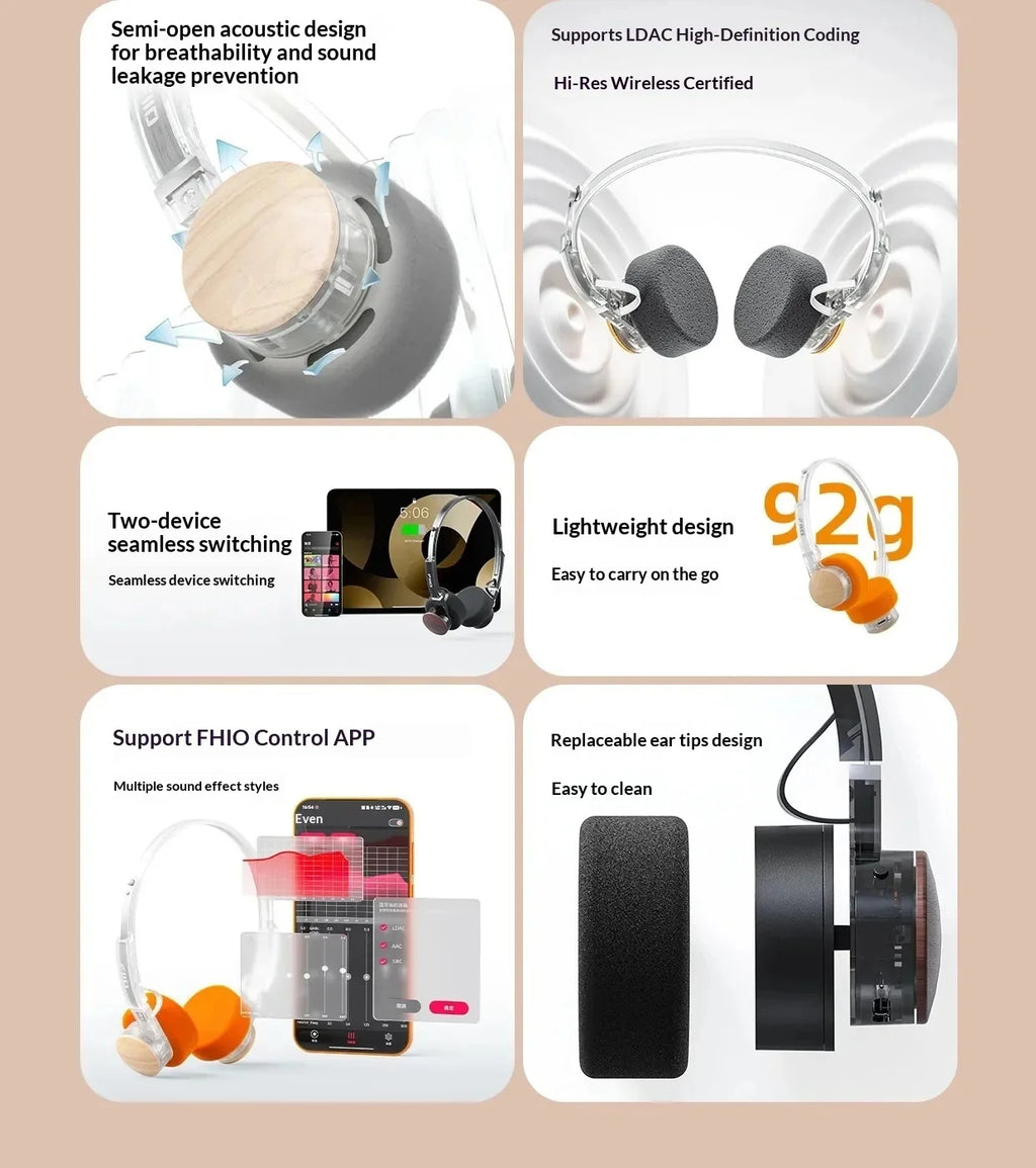 Auriculares Fiio Eh11 Retro Over-Ear Bluetooth con Controlador Dinámico Grande de 40 mm, Carcasa Mecánica, Auriculares con Audio de Alta Resolución Ldac