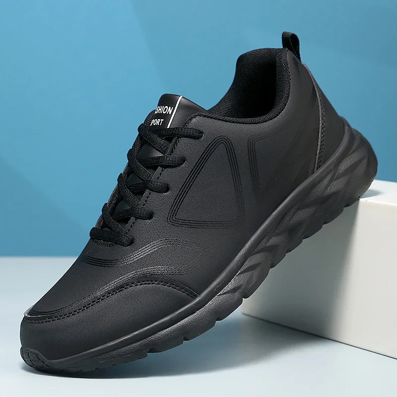 YRZL-Zapatillas deportivas impermeables de cuero para hombre, zapatos deportivos cómodos para caminar, resistentes al desgaste, color negro