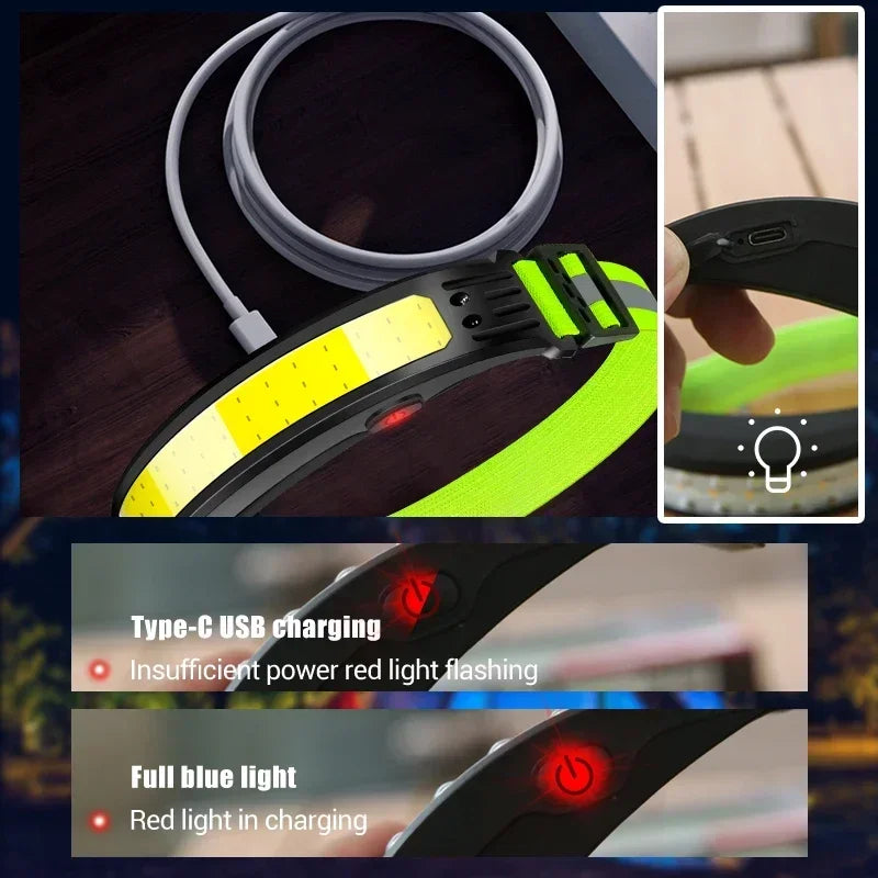 Linterna Frontal LED COB Recargable USB-C con Sensor, Impermeable