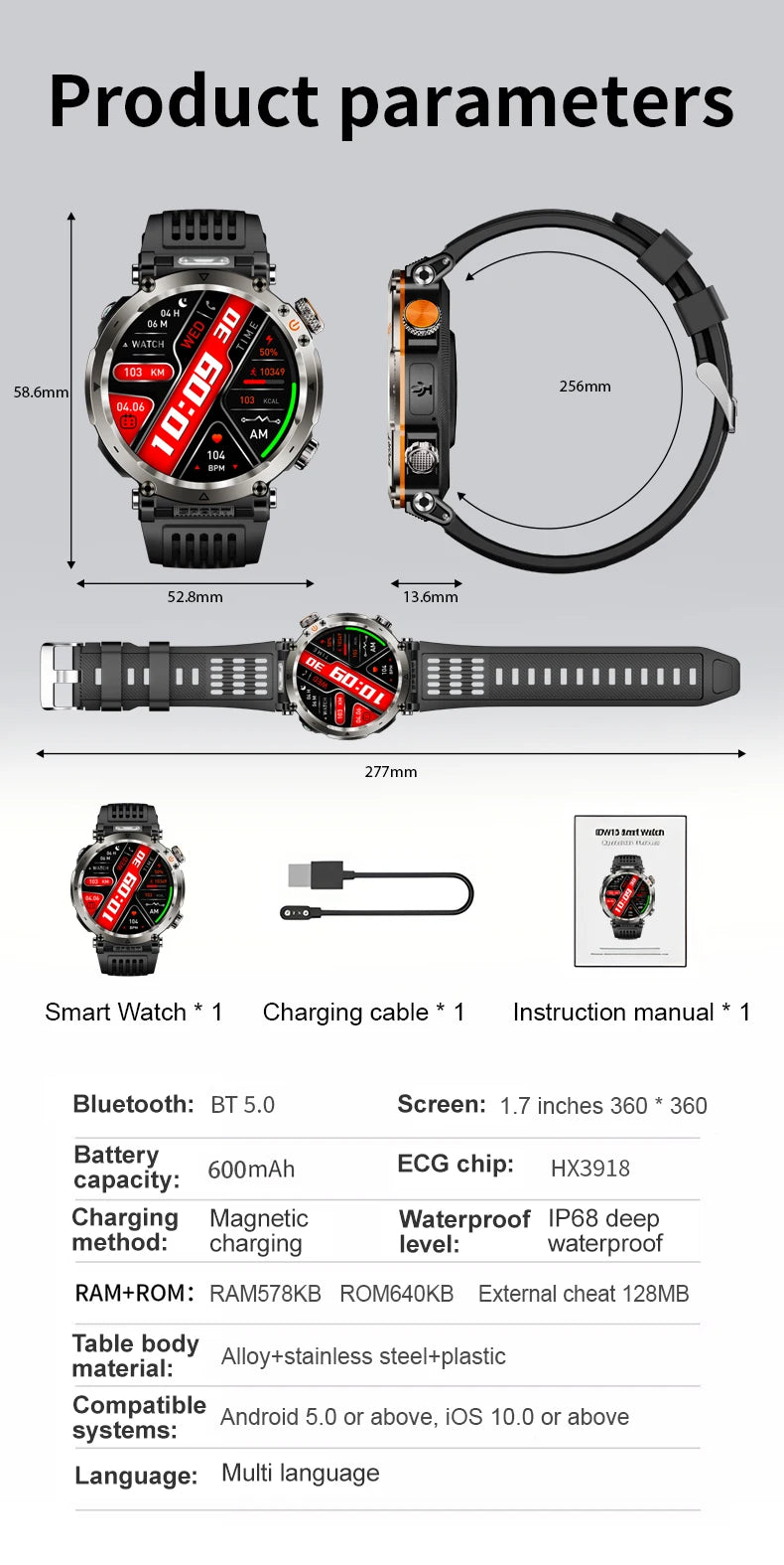 Reloj Inteligente Deportivo Brújula Linterna 600mAh