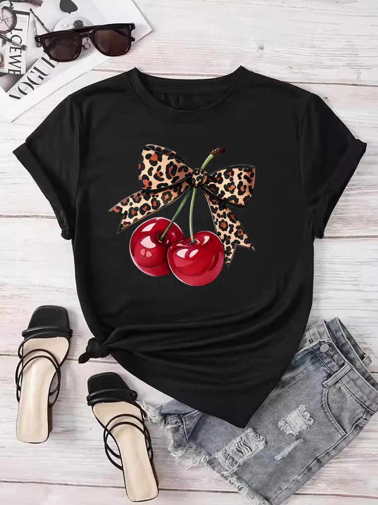 Camiseta con Estampado de Cereza para Mujer, Manga Corta