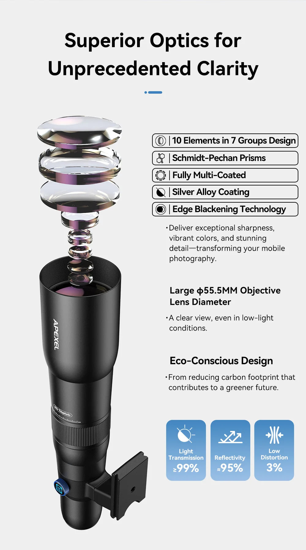 Lente Teleobjetivo 50x APEXEL Profesional con Trípode Metal