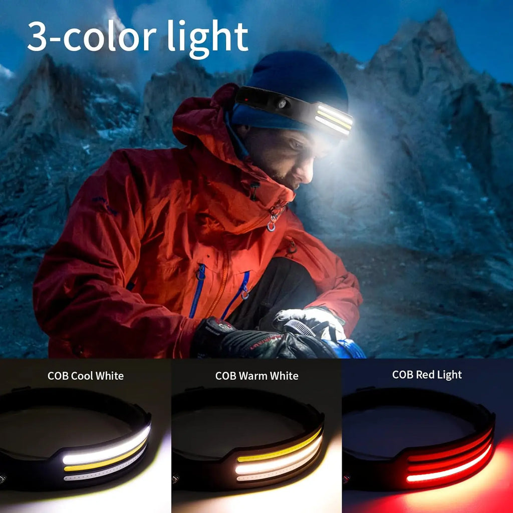 Linterna Frontal LED COB Recargable USB, 10 Modos, IPX4