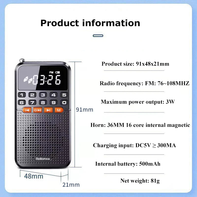 Mini Radio FM portátil Bluetooth 5.0 con tarjeta TF y linterna LED